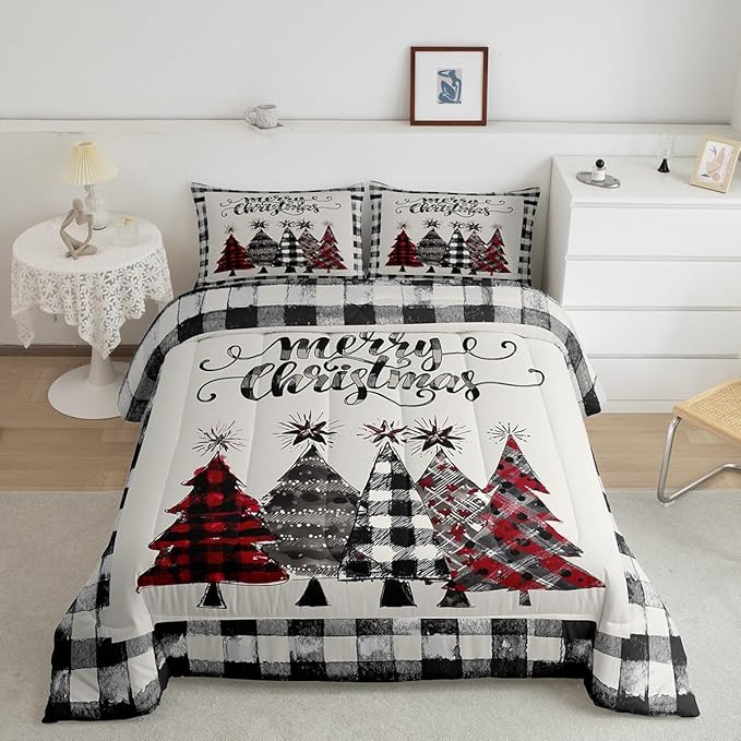 Christmas Trees Kids Comforter Set King Size,Geometric Grids Ink Tie-dye Bedding,Girls Boys Adults Bedroom/Xmas Cabin Decor,Rustic Vintage Down Comforter,Black Grey Retro Duvet Insert,2 Pillowcases