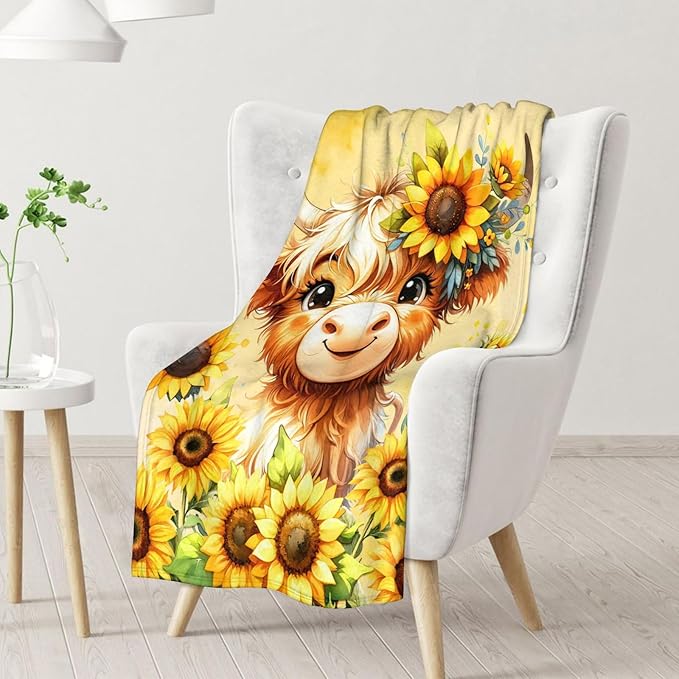 Highland Cow Blanket Gifts - 40" x 50" Inches Cartoon Highland Cow Throw Blanket for Boys Girls- Yellow Soft Furry Blankets Gift for Sofa, Crib & Bed