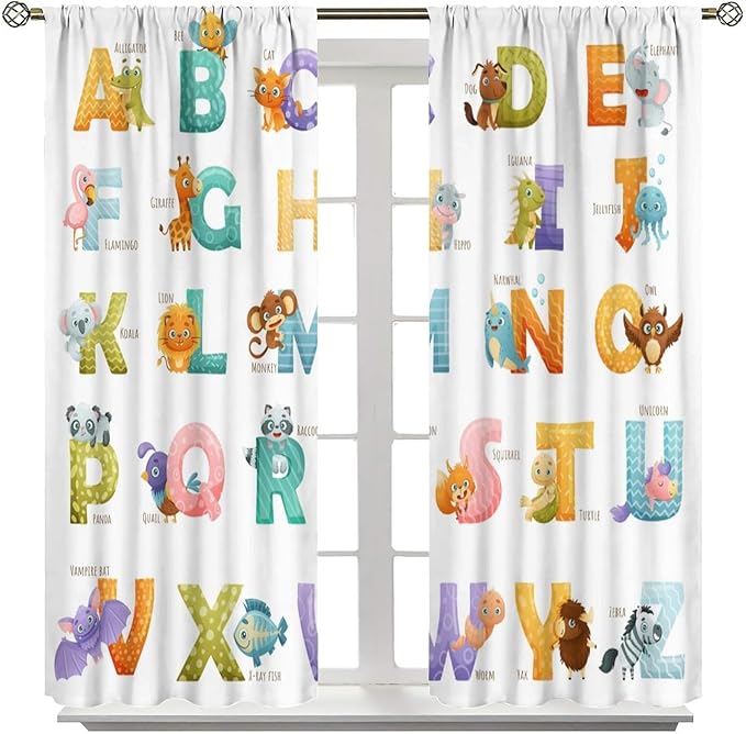 Kids Alphabet Curtains Educational Baby Cartoon Animals Colorful Cute Curtain with Rod Pocket for Nursery Living Room Home Decor Drapes Window Treatments 2 Panels Set 63x72in