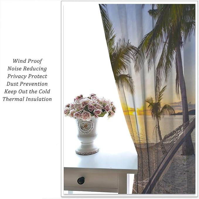 Ocean Beach Curtains,Morning Sunrise Hawaiian Seaside Scene Pattern Blackout Print Home Bedroom Living Room Window Treatments 2 Panel Set 52x84 Inch