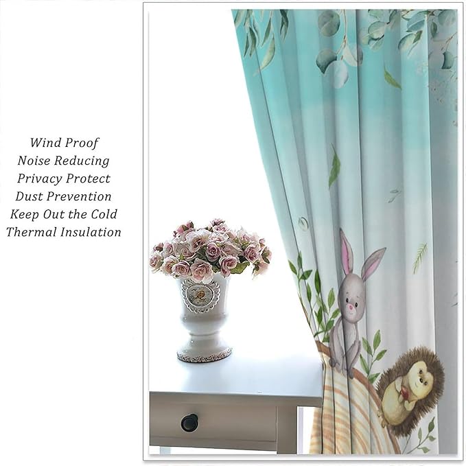 Kids Forest Animal Curtains, Woodland Animal Window Treatments Fox Deer Bunny Wildlife Safari Jungle Bear Farmhouse Window Drapes for Girls Boys Nursery Bedroom 42x63in