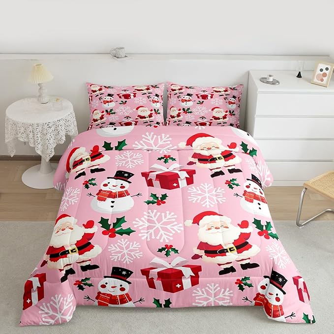 jejeloiu Merry Christmas Comforter Set Full Size Xmas Santa Claus Bedding Set for Kids Boys Girls Cute Snowman Duvet Quilt Pink Bedroom Decor