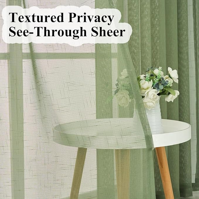 Sage Green Linen Look Sheer Curtains 102 Inches Long 2 Panels, Rustic Textured Light Filtering Drapes, Elegant Window Decor, Floor to Ceiling Pinch Pleat Curtain with Hooks