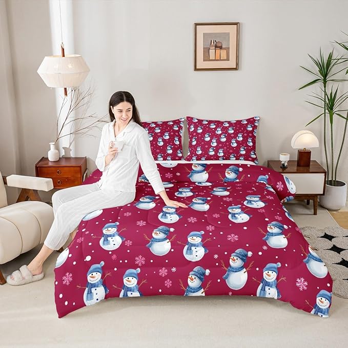 jejeloiu Kids Cute Winter Snowman Comforter Set Toddler Red Christmas Theme Bedding Set for Boys Girls Teens Xmas Snowflake Happy New Year Duvet Quilt Room Decor