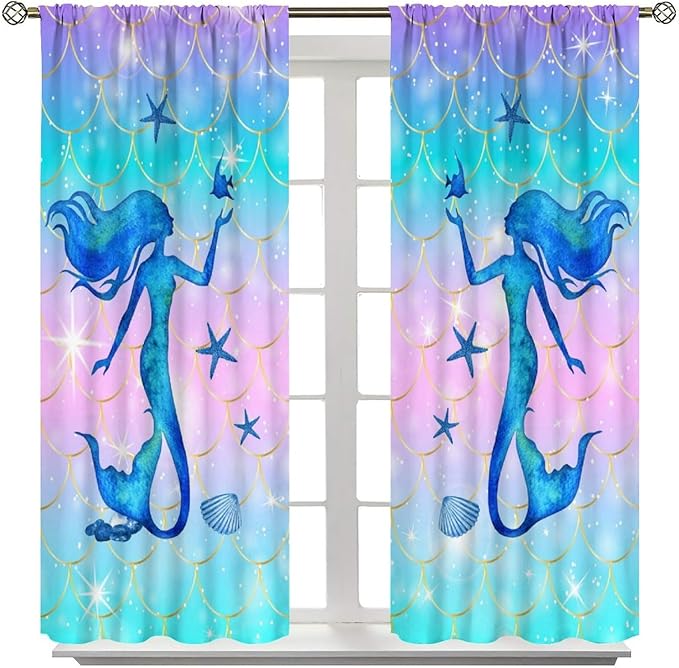 Mermaid Scale Curtains for Kids Girls Magic Gradient Mermaid Fish Scale Pattern Decoration Bedroom Nursery Curtains 63x72 Inch