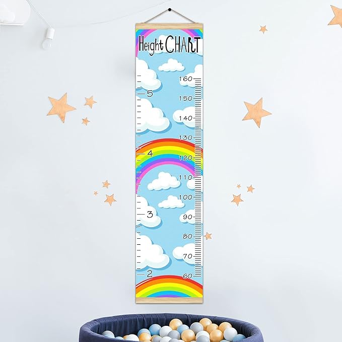 Kids Growth Chart Ruler for Wall Wood Frame Height Measure Chart 13.4x56 in Linen Hanging Height Growth Chart Rainbow Clouds Kids Room Decor