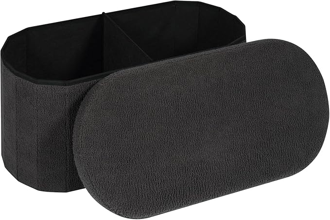 30" Oval Foldable Ottoman with Storage, Teddy Boucle Fabric Footrest, Storage Bench for Living Room, Bedroom, Entryway, Dorm, Darkgrey