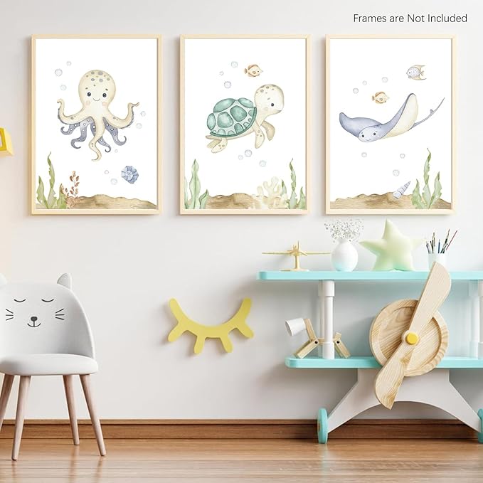 Wodkwq Nursery Wall Art Sea Animal Canvas Prints Baby Girl Boy Room Decor Watercolor Paintings Pictures Cute Ocean Theme Toddler Room Decoration Set of 3 for Kids Bedroom Bathroom 12x16in Unframed