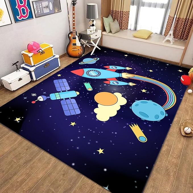 Outer Space Themed Rug,4x6ft,with Cartoon Planets,Stars and Rocket Design Rugs, Suitable for Playroom Bedroom Printed Rug, Non-Slip Machine Washable Carpet, Children's Room Decor