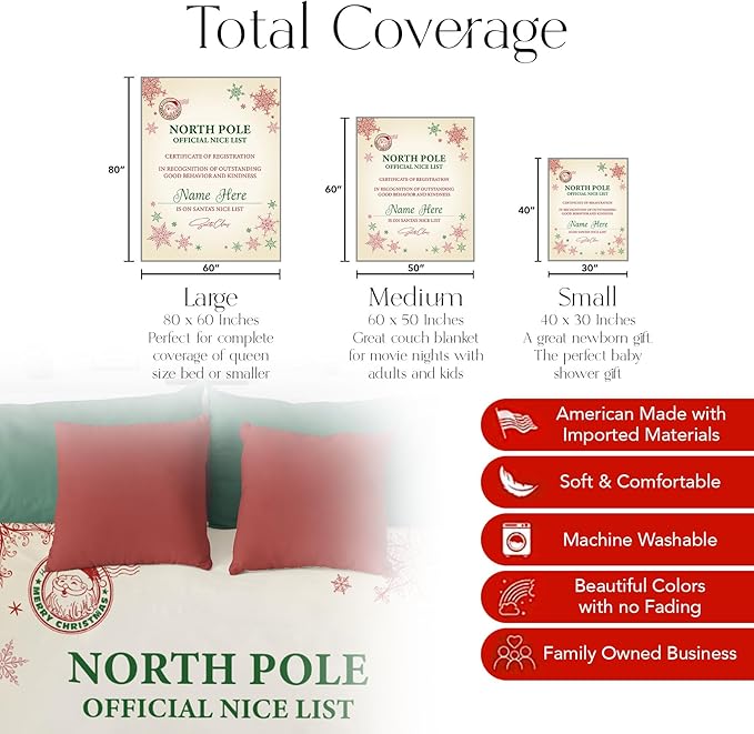 Custom Christmas Blanket, Santa’s Nice List - Ships Next Day, Printed in USA - Warm Fleece or Sherpa Sofa Throw, Cute Holiday Décor - Customizable Family Throws (Fleece 30x40)