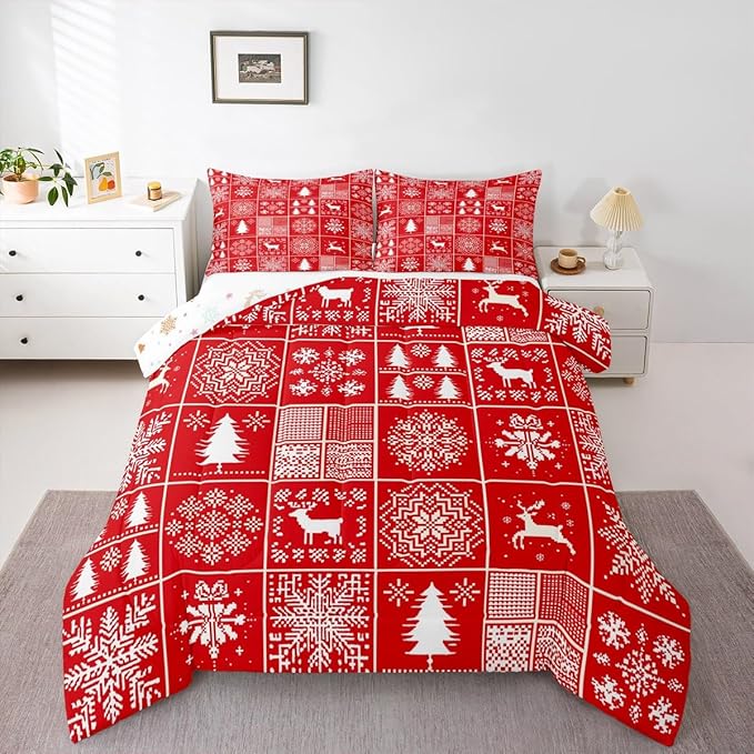 Kids Merry Christmas Comforter Set King Size,Deer Snowflake Pines Silhouette Bedding,Girls Boys Adults Bedroom/Xmas Cabin Decor,Geometric Lattice Down Comforter,Red Bright Duvet Insert,2 Pillowcases