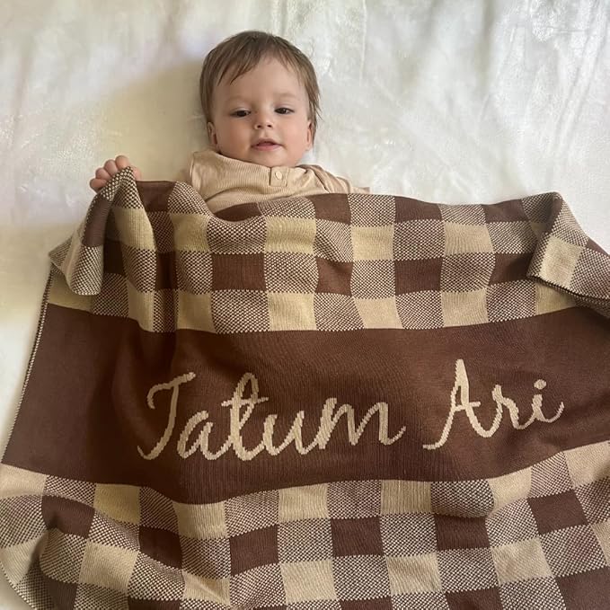 Personalized Gingham Name Blanket – 100% Organic Cotton Customized Baby Blanket, Custom Name, Bassinet 30x40, Gift for Baby Shower, Birthday Present, Girls and Boys, Toddlers Kids, Made In America