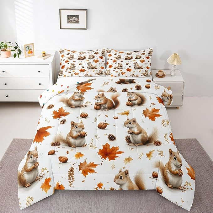 Feelyou Boys Girls Fall Autumn Duvet Cover Twin Size, Cute Squirrel Comforter Set Cartoon Animal Comforter Cover Kids Maple Leaf Teens Bedspread Cover Bedroom Decor Bed Set 2Pcs