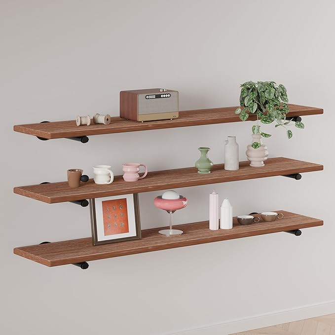 IEO Floating Shelves for Wall Shelf 48 inches Long 11.8" Extra Width Farmhouse Bathroom Decor Bedroom Kitchen Shelves Living Room Wall Mounted Set of 3, Rustic Brown Soild Wood