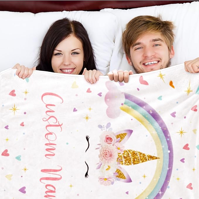 Personalized Horse Blanket with Name for Girl, Custom Name Blanket for Teen, Soft Flannel Pink Toddler Blanket Customized Gift for Birthday 50"x60"