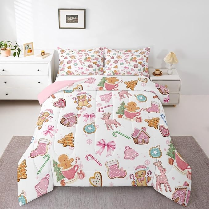 Cute Bow Tie Girls Bedding Set Twin Size,Pine Tree Merry Christmas Elk Deer Comforter Set,Bowknot Gingerbread Man Snowflake Quilt Comforter Teens,Pink White Colorful Room Decor All Season,1 Pillowcase