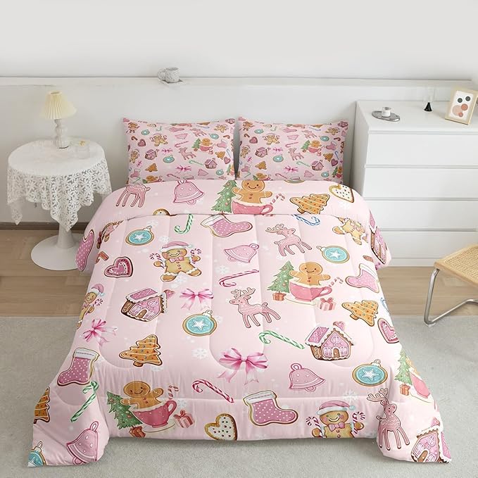 Merry Christmas Kid Comforter Set Full Size,Gingerbread Man Elk Deer Bowknot Bedding Set,Room Decor,Cute Girly Bow Tie Xmas Tree Quilt Comforter,Pink Colorful Duvet Set Bedroom Quilt Set,2 Pillowcases