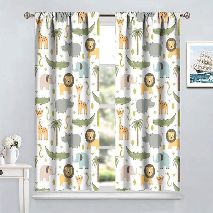 Nursery Safari Animals Window Curtains,Cartoon Woodland Jungle Forest Lion Elephant Giraffe Printed Pattern Blackout Drapes for Living Room Baby Boy Kids Bedroom 72x63in