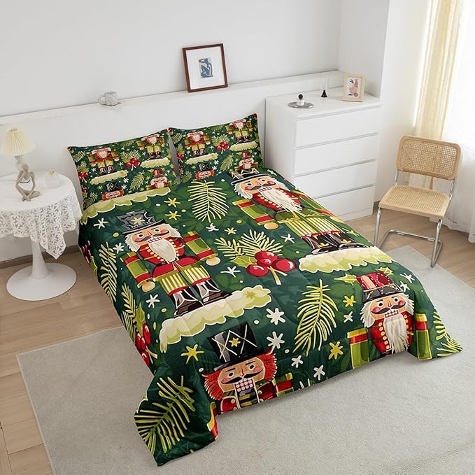 Christmas Cartoon Soldier Bedding Set Full Size,Christmas Leaves Snowflake Comforter Set for Kids Boys Girls Room Decor,Xmas Abstract Art Duvet Insert 3Pcs,Polka Dot Green Quilt Set,2 Pillowcases