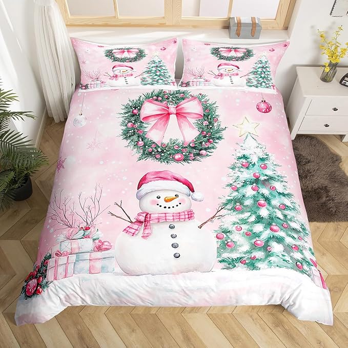 Manfei Christmas Kids Duvet Cover Set Twin Size, Cute Snowman Xmas Tree Bedding Set for Boys Girls Adults, Pink Bowknot Xmas Comforter Cover, Soft Polyester Quilt Cover, 1 Pillowcase, No Comforter