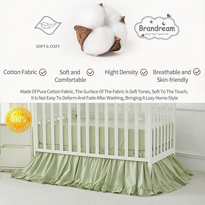 Brandream Farmhouse Crib Bedding Sets for Girls and Boys | 100% Percale Cotton 3 Piece Nursery Set Light Green Ruffles | Baby Comforter, Fitted Crib Sheet, Crib Skirt Included