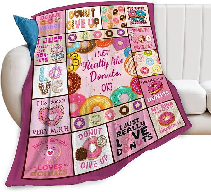 Pink Donut Fleece Blanket Dessert Throw Blankets for Girls Boys Super Soft Warm Flannel Cute Food Throws Gifts for Men Women Cozy Fuzzy Plush Stuffed Couch Bed Bedding Decor 60"x50"