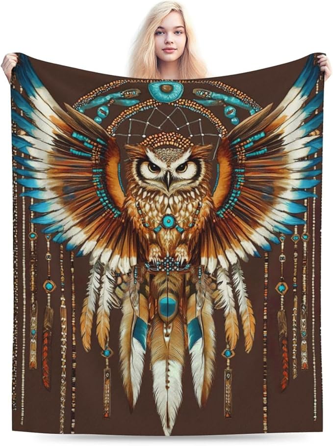 Owl Blanket Native American Decor Throw Blanket Super Soft Flannel Lightweight Fluffy Plush Fuzzy Fleece Indian Blanket Gifts for Girl Woman Adults Man Boys Kids Baby for Bed Sofa 50"X60"
