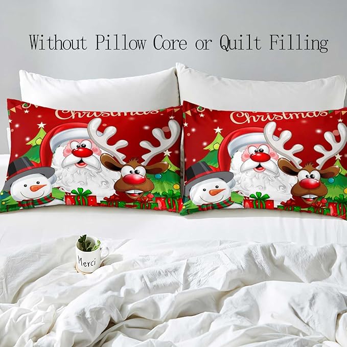 LUVIVIHOME 3PCS Red Christmas Duvet Cover King Bedding Set, Boys Girls Kids Bedding, Santa Claus Snowman Reindeer Holiday New Year Xmas Gifts Christmas Comforter Bedspread Quilt Cover, 2 Pillow Cases