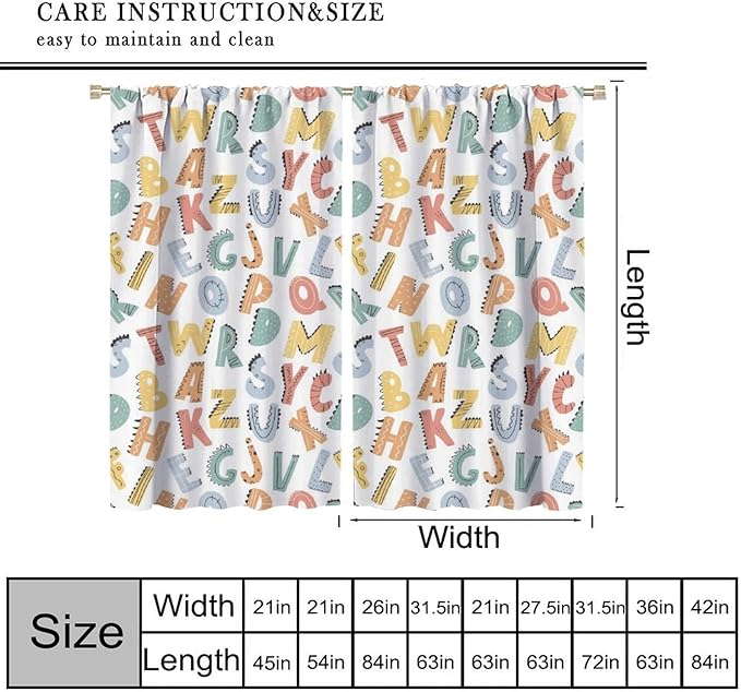 Kids Alphabet Letter Curtains Cute Funny Education Printed Curtain with Rod Pocket for Bedroom Living Room Home Decor Drapes Window Treatments 2 Panels Set 42" W X 63" L