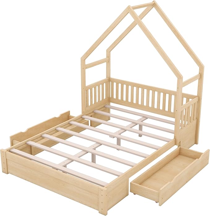Bellemave Queen Size Wood House Platform Bed with 2 Drawer for Toddlers and Baby, Modern Montessori Platform Bed Frame, No Box Spring Required, Low Floor Bed for Kids' Room or Baby Room (Natural)