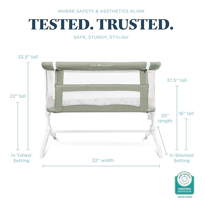 Baby Delight Beside Me Serenity Bassinet | Lightweight Bedside Sleeper & Baby Bassinet | 7-Position Height Adjustment | 100% GOTS Certified Organic Cotton Fabric | Organic Sage