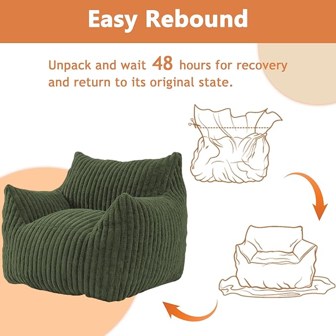 Giant Bean Bag Chairs for Adults with Filling Plush Fluffy Bean Bag Chairs for Teens with Armrests Comfy BeanBag Lazy Couch Sofa Chair for Bedroom Living Room Reading (Green, M-for Teens/Adults)
