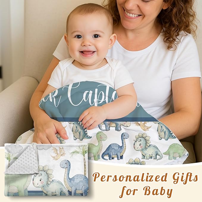 Personalized Baby Name Blanket for Boy Girl, Soft Flannel Blanket with Double Layer Dotted Backing for Newborn, Nursery Crib with Green Dinosaur Design, Baby Blanket Customized Gifts(60" x80)