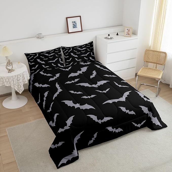 Erosebridal Happy Halloween Comforter Set for Kids Youth Grey Bats Bedding Set Gothic Spooky Quilt King Size Cartonn Bed Decorative Bedding Comforter Sets with 2 Pillow Cases