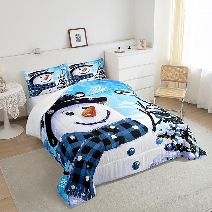 Feelyou Kids Christmas Theme Decorations Bedding Set Xmas Snowman Comforter Set for Boys Girls Cute Comforter Blue Quilt Set Bedroom Collection King Size