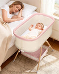 3 in 1 Baby Bassinet, Rocking Bedside Bassinet for Baby with Mesh Design & Soft Mattress, Bassinet Bedside Sleeper for Newborn Infant，Portable Nest with Storage Basket, Easy Assemble & Folding Pink