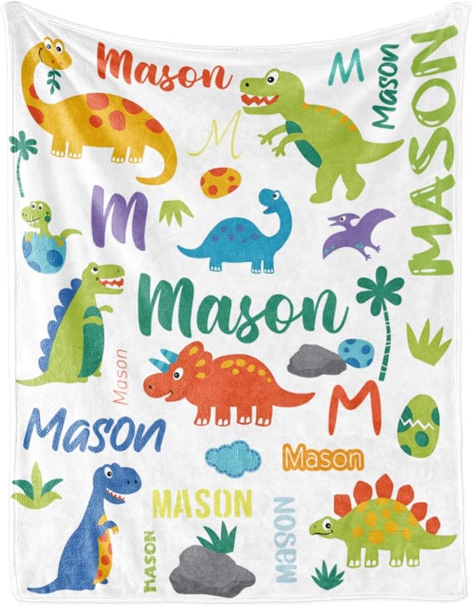 Personalized Dinosaur Blanket with Name for Boys, Customized Gift for Birthday, Christmas, Baby Shower, Soft Flannel Dinosaur Toddler Blanket, 30" X 40"