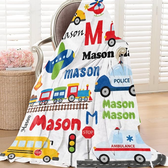 Personalized Blanket with Name for Boys, Traffic Car Transport Custom Name Blanket, Soft Flannel Toddler Blankets Customized Gift for Newborn Baby Shower Birthday-30 x40