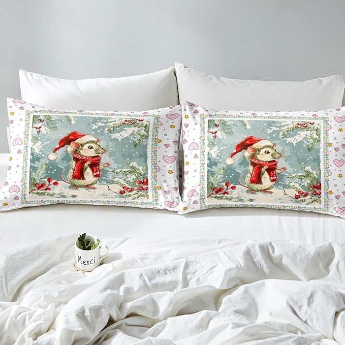 Feelyou Christmas Bedding Set Xmas Tree Snowflake Duvet Cover for Kids Boys Girls Cartoon Mouse Love Print Comforter Cover Cute Animal Bedspread Cover Bedroom Collection 2Pcs Toddler Size,No Comforter