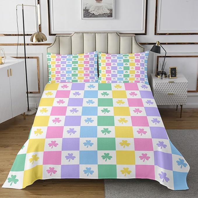 Manfei Lucky Clover Kids Bedspread Twin Size,Colorful Geometric Checkered Grids Coverlet Set,Girls Women Room Decor,Four Leaf St. Patrick's Day Quilted Coverlet,Kawaii Bedding Quilt,1 Pillowcase