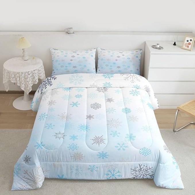 Feelyou Glitter Snowflake Comforter Set Twin Size, Blue Snowflake Comforter Kids Toddler Ombre Bedding Set Winter Theme Duvet Set Microfiber Bed Set