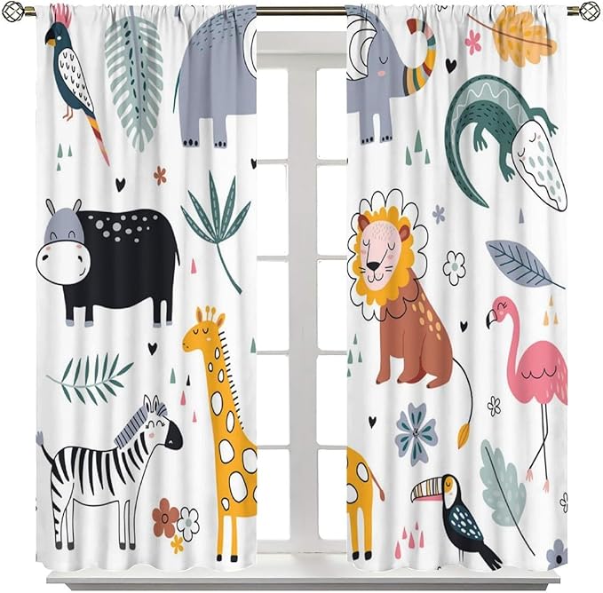 YCness Cartoon Forest Animals Curtains, Woodland Woodland Wild Giraffe Zebra Lion Hippopotamus Window Treatments for Kids Bedroom Living Room Home Nursery Drapes, 63x72 Inch