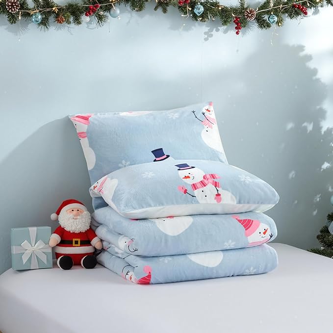 JANZAA Christmas Queen Comforter Set, Blue Flannel Comforter with Snowman Pattern, Soft Cozy Lightweight Bedding Set Fluffy Comforter Set 1 Queen Comforter(90"*90") and 2 Pillowcases (20"*26")