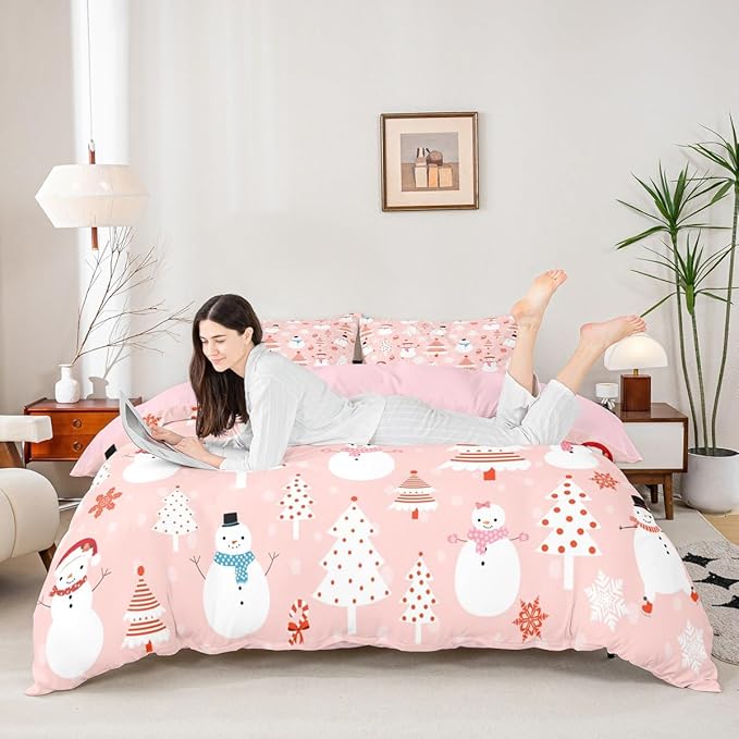 Christmas Kids Bedding Set Cartoon Snowman Bedding Duvet Cover Set for Boys Girls Christmas Tree Decor Comforter Cover Set Pink Dots Xmas Theme Bedspread Cover Bedroom Quilt Cover 3Pcs Full Size