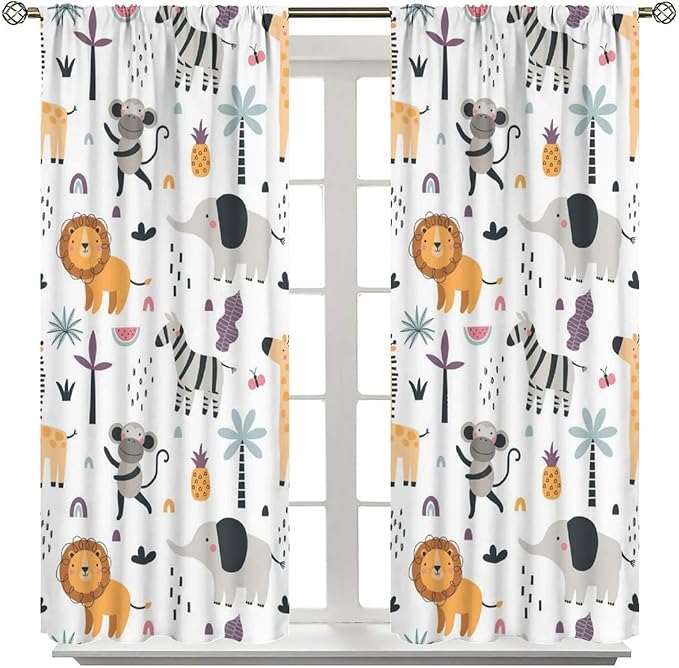 Cute Cartoon Animals Curtains Tropical Jungle Animals Elephant Giraffe Monkey Lion Modern Abstract Aesthetics for Kids Boys Bedroom Nursery Rod Pocket Decoration Window Drapes 2 Panels W21xL63in
