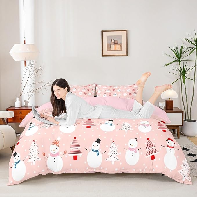 Christmas Duvet Cover Cartoon Snowman Christmas Tree Bedding Set Snowflake Comforter Cover for Boys Girls Children Teens Bedroom Decor Pink Xmas Theme Bedspread Cover Full Size with 2 Pillow Case