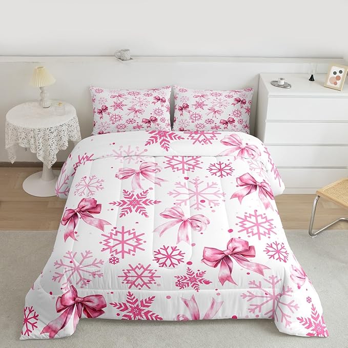 Cute Bow Tie Kids Bedding Set Queen Size,Girly Bowknot Snowflake Dots Comforter Set,Merry Christmas Winter Princess Quilt Comforter,Pink White Bedroom Duvet Insert,2 Pillowcases