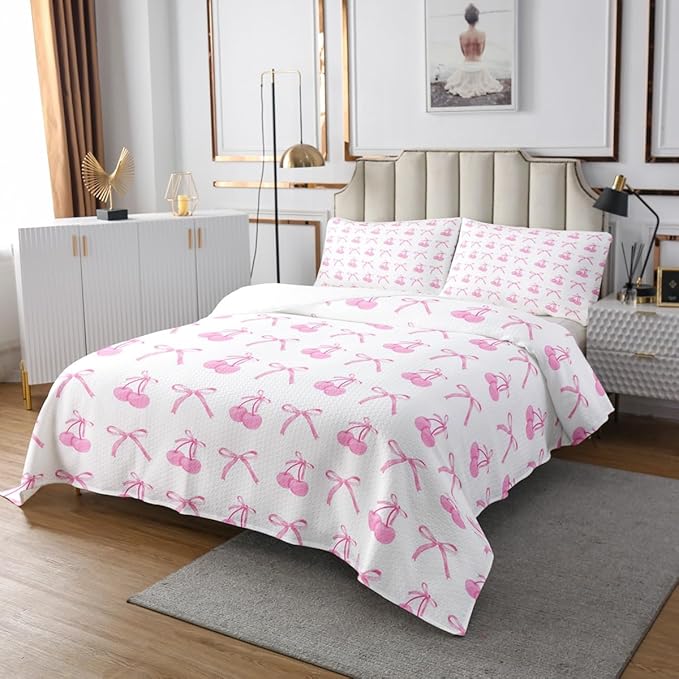 Manfei Cherry Bowknot Kid Bedspread Twin Size,Pink Bow Tie Butterfly Knot Princess Coverlet Set,Girls Women Room Decor,Cartoon Bow Patchwork Quilted Coverlet,Dreamy Sweet Bedding Quilt,1 Pillowcase