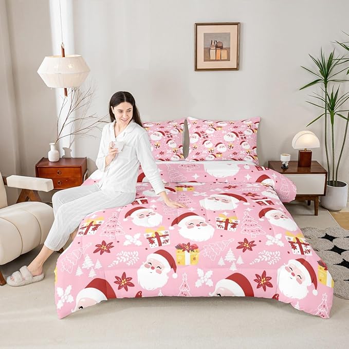 jejeloiu Santa Claus Comforter Set Full Size Merry Christmas Bedding Set for Kids Boys Girls Xmas Themed Duvet Quilt Pink Bedroom Decor