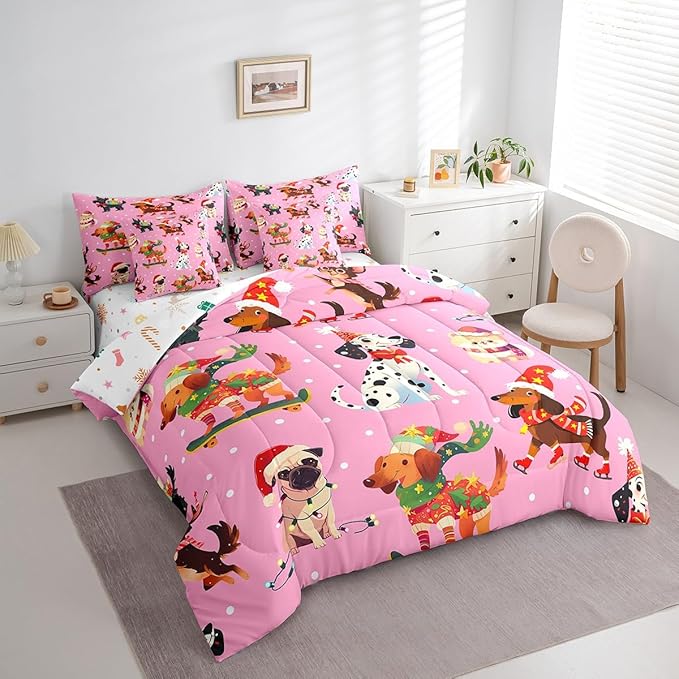 Feelyou Xmas Dog Bedding Set Cute Dog Christmas Style Comforter Set with Sheets 3D Animal Bed in a Bag for Boys Girls Children Teens Bedroom Decor Pink Bed Set 7Pcs Queen Size